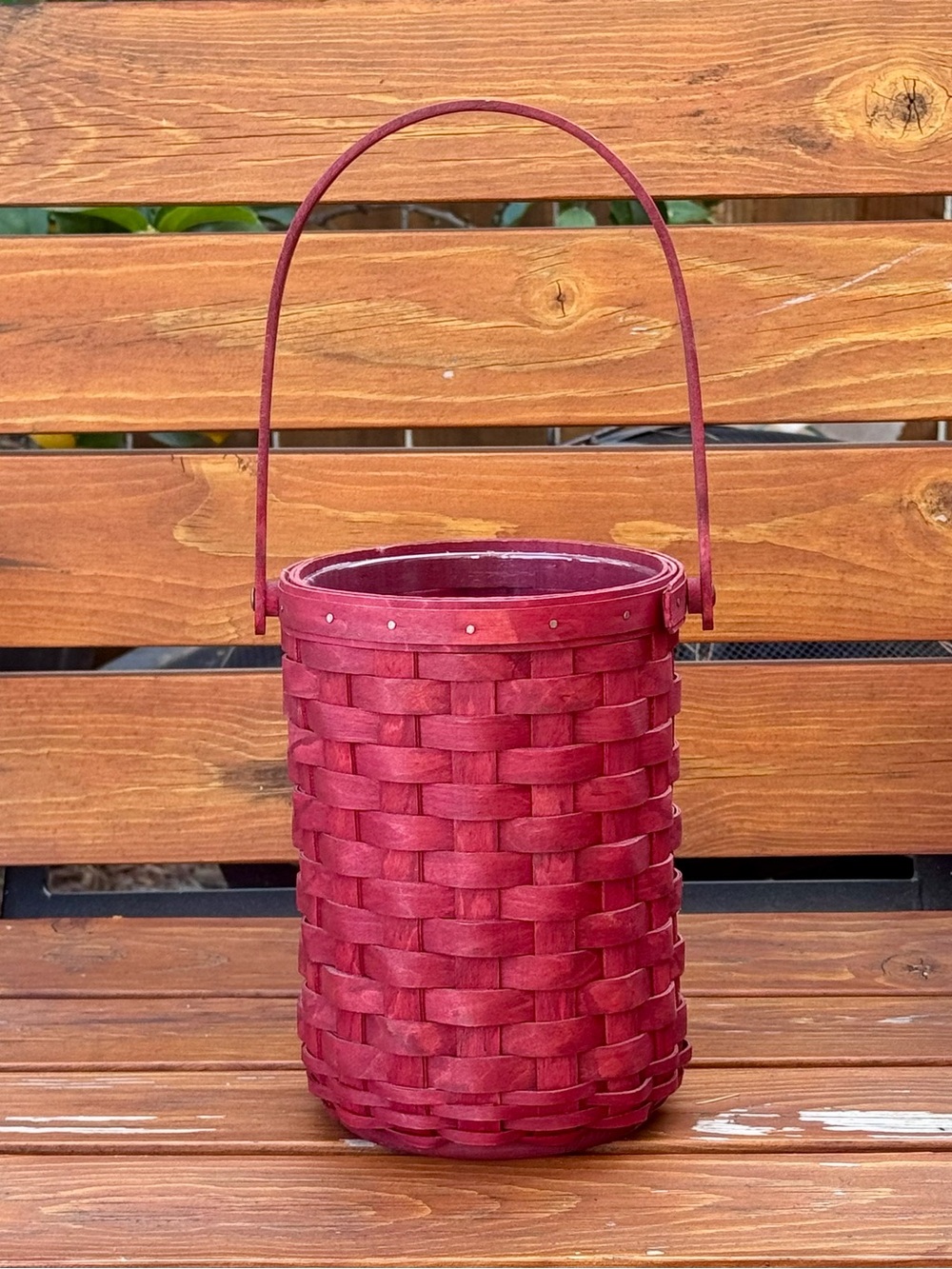 Red Longaberger Beverage Wine Bottle carrier handle Basket w/ Plastic Protector